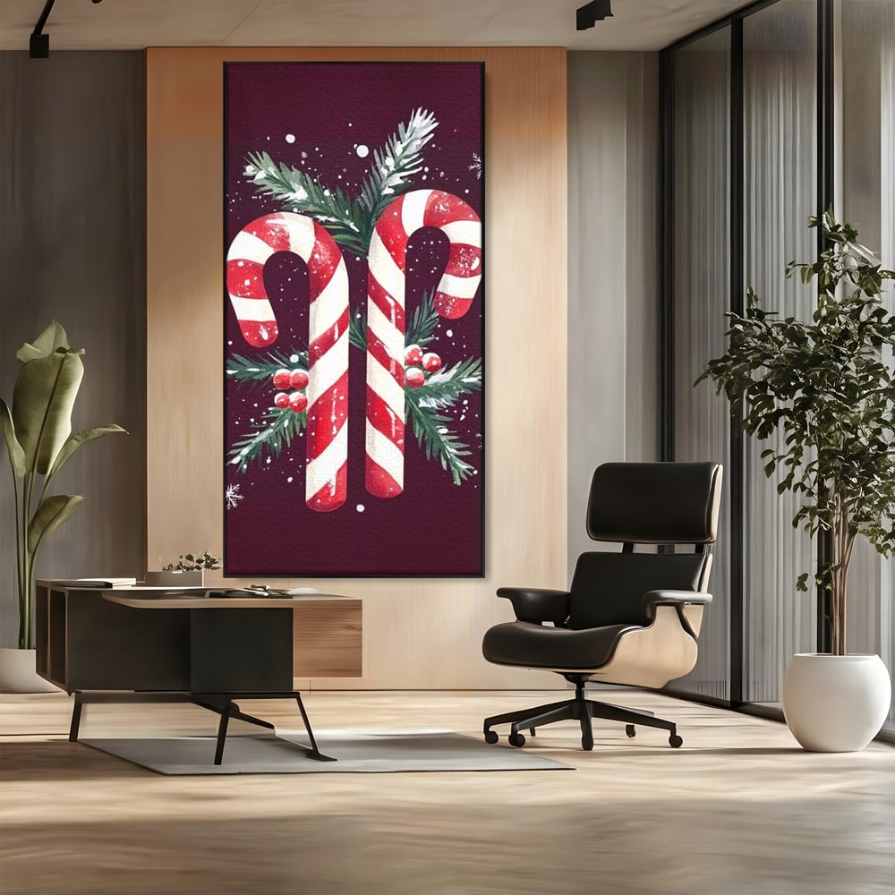Tablou canvas cu tablou canvas cu bastonase de zahar, in rama de aluminiu negru, pe perete intr-un birou